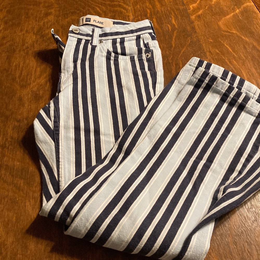 Gap Kids Girls Blue Striped Flared Jeans, Sz 8R, Adjustable Waist